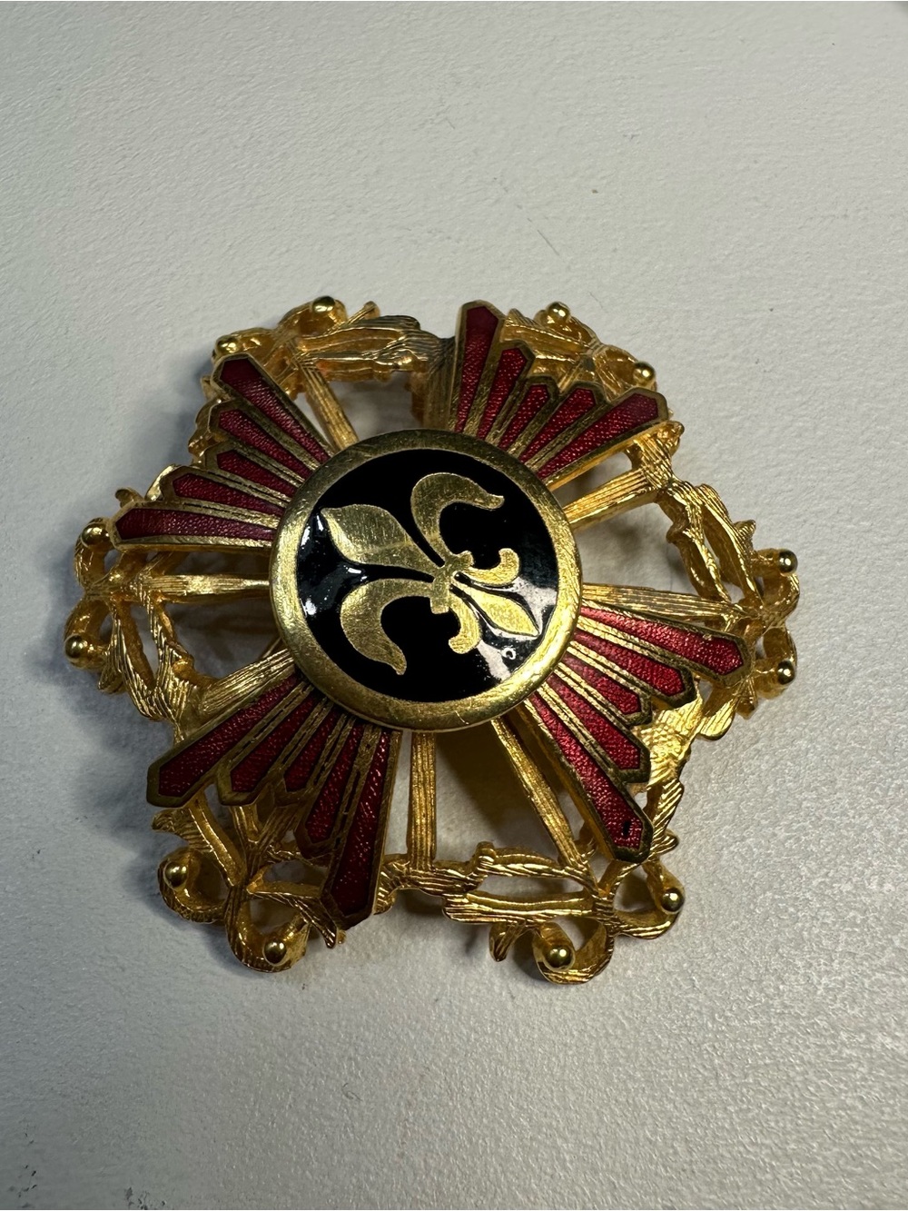 Gold and Red Fleur-de-Lis Decorative Brooch